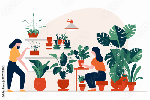 Set of happy women caring about interior potted plants isolated on white background. Home gardening and growing houseplants. Colored flat vector illustration of trendy people with house greenery