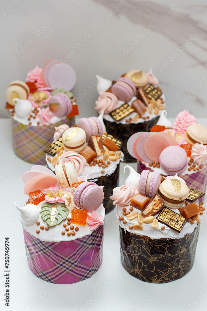 Set of beautiful traditional orthodox cakes decorated with glaze, meringues, chocolate, nuts, toffees, macaroons and jelly Set of beautiful traditional orthodox cakes decorated with glaze, meringues, chocolate, nuts, toffees, macaroons and jelly
