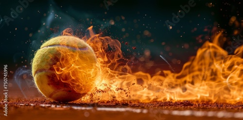 Spirited tennis ball bursting into flames upon smashing into the court