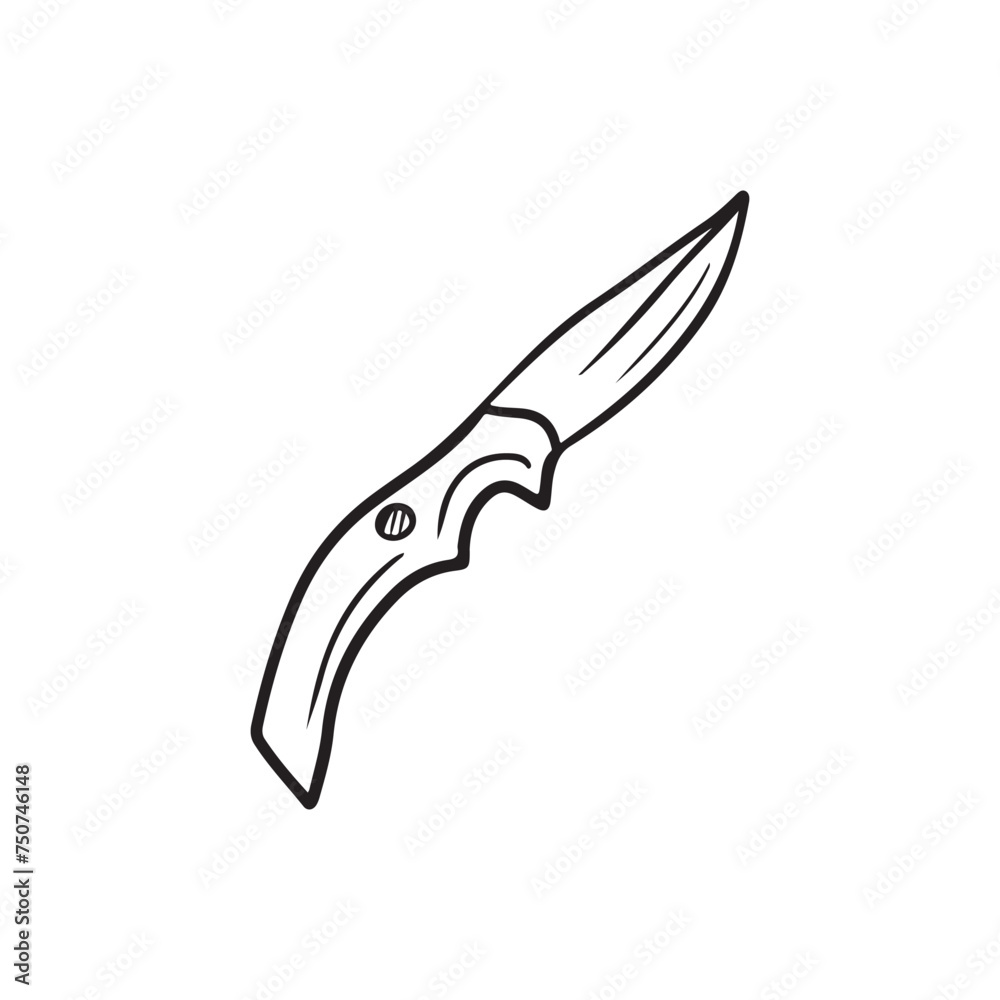 Obraz premium Set of folding knifes as a camping tourist equipment in black isolated on white . Hand drawn vector sketch illustration in doodle engraved vintage style. Tool for cooking, hunting, sharp blade.