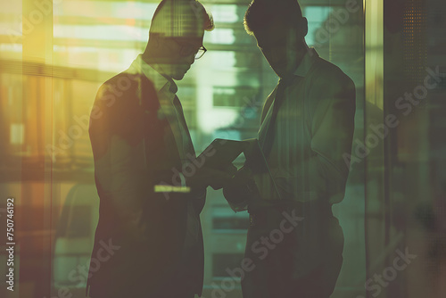 Image of two young businessmen discussing project at meeting