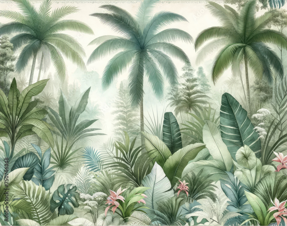 Fototapeta Landscape Forest wallpaper with tropical leaves And Palm Tree . Hand Drawn Design. Luxury Wall Mural , wall art  , old vintage drawing , Watercolor 