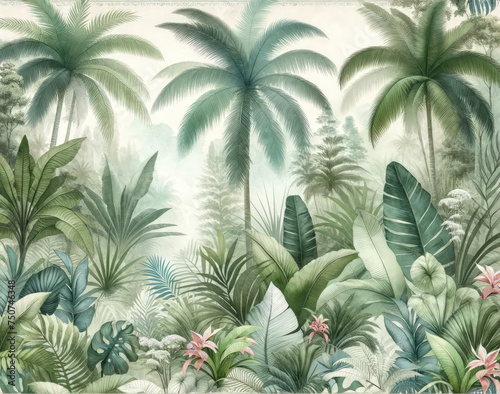 Landscape Forest wallpaper with tropical leaves And Palm Tree . Hand Drawn Design. Luxury Wall Mural , wall art , old vintage drawing , Watercolor 