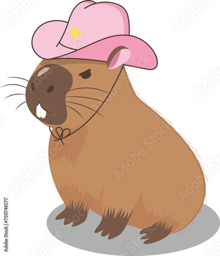 A funny angry capybara wears a pink cowboy hat. Cartoon flat vector style. Postcard, poster, sticker. 