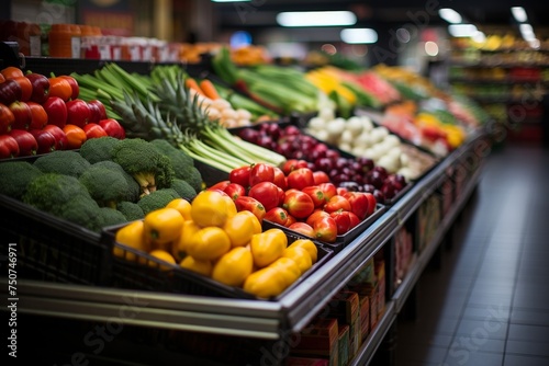 Shopper perspective, POV, down a brightly lit grocery store aisle, with a shopping cart, fresh produce and packaged goods on display aisles