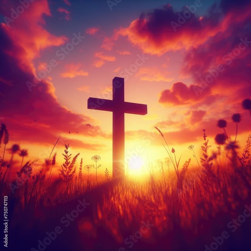 The cross standing on meadow sunset and flare background. Cross on a hill as the morning sun comes up for the day. The cross symbol for Jesus Christ. Easter background concept and The crosses sign. 