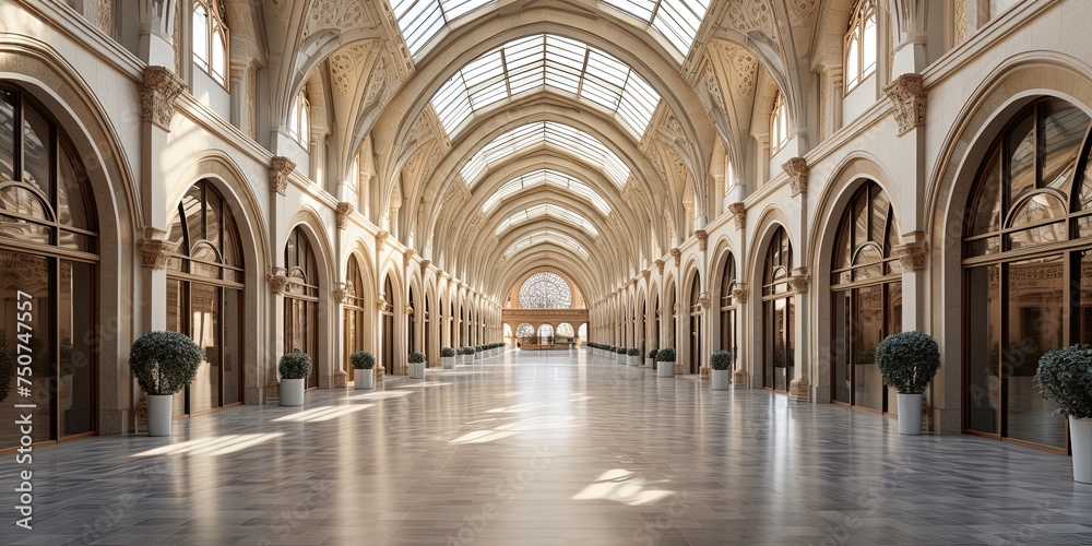 The grand arcade of this symmetrical building, with its vaulted ceilings and arched windows, resembles a cathedral or church, exuding an air of majesty and serenity within its indoor