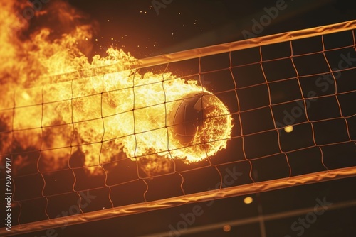 Dramatic impact as a lazing volleyball smashes into the opposing court, setting the net ablaze photo
