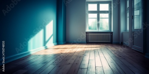 Contemporary setting with a light blue empty wall and wooden floor enhanced by an interesting light glare