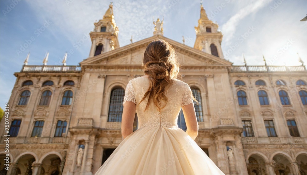 Bride in white standing infront of a old building