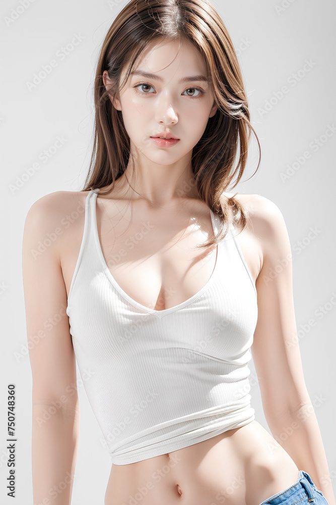 Gorgeous Young Female Model - Fashion or Cosmetics Model - White Top and Blue Jeans - Flawless Skin and Fine features - Beautiful Smooth Hair Gorgeous Young Female Model - Fashion or Cosmetics Model - White Top and Blue Jeans - Flawless Skin and Fine features - Beautiful Smooth Hair