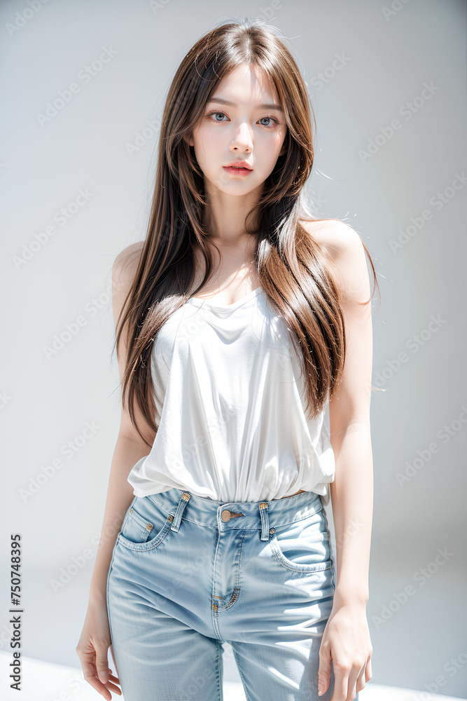 Gorgeous Young Female Model - Fashion or Cosmetics Model - White Top and Blue Jeans - Flawless Skin and Fine features - Beautiful Smooth Hair Gorgeous Young Female Model - Fashion or Cosmetics Model - White Top and Blue Jeans - Flawless Skin and Fine features - Beautiful Smooth Hair