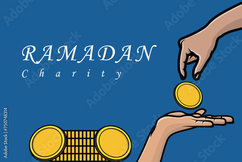 Ramadan Kareem zakat giving charity to poor people vector illustration. Muslim concept for zakat property, income and "fitrah" zakat. Hand giving and accept Zakat illustration.
