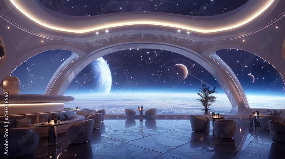 Saturn’s Rings Viewpoint from Space Hotel: Panoramic Observation Deck with Zero-Gravity Experience Saturn’s Rings Viewpoint from Space Hotel: Panoramic Observation Deck with Zero-Gravity Experience