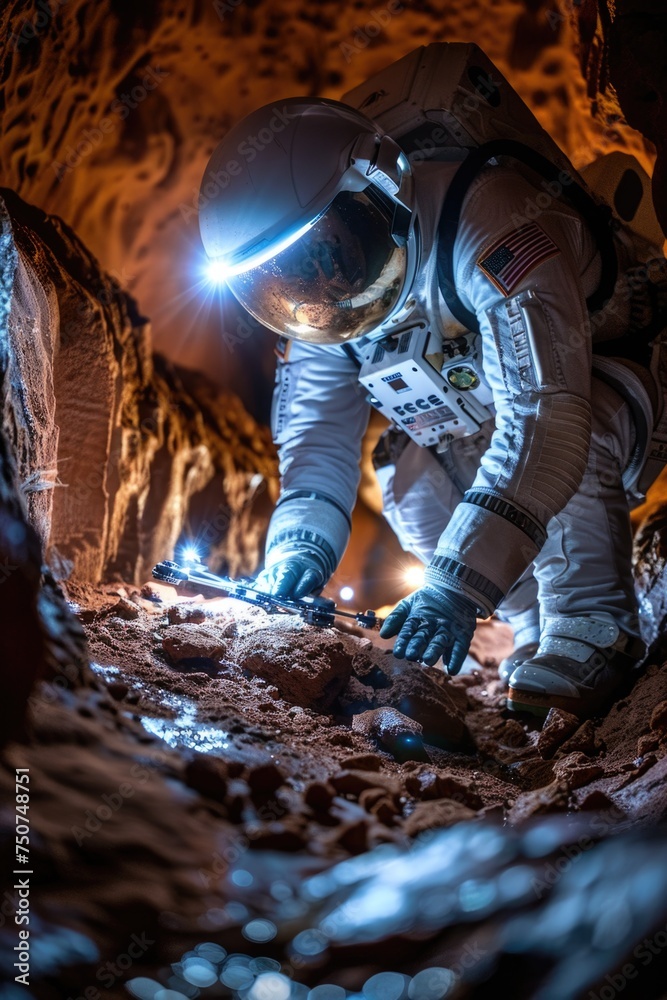 Martian Crater Exploration by Geologist Team: Rock Sampling and Drone Mapping in Advanced Suits