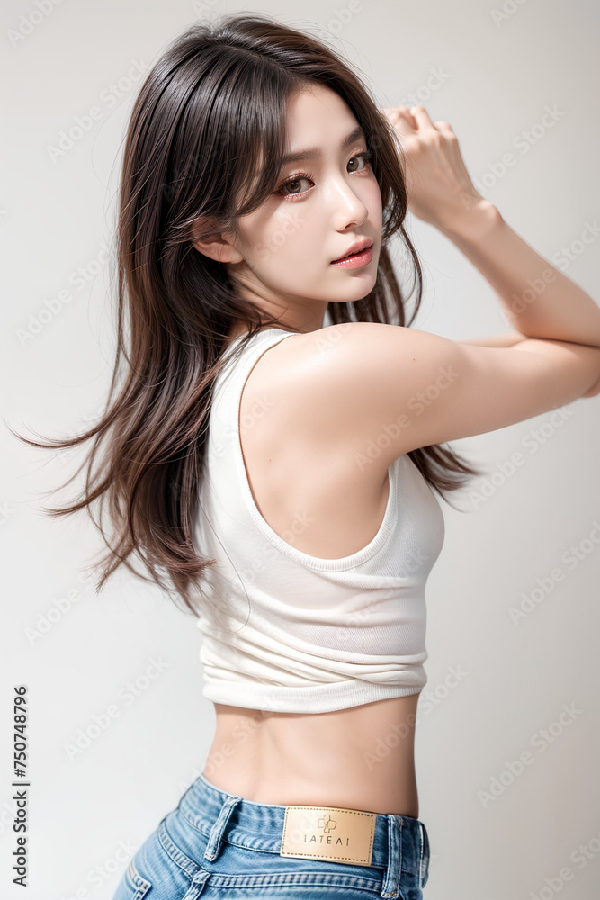Gorgeous Young Female Model - Fashion or Cosmetics Model - White Top and Blue Jeans - Flawless Skin and Fine features - Beautiful Smooth Hair Gorgeous Young Female Model - Fashion or Cosmetics Model - White Top and Blue Jeans - Flawless Skin and Fine features - Beautiful Smooth Hair