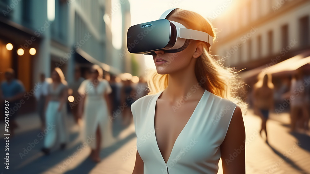 Girl at sunset in the city in a dress with virtual reality glasses