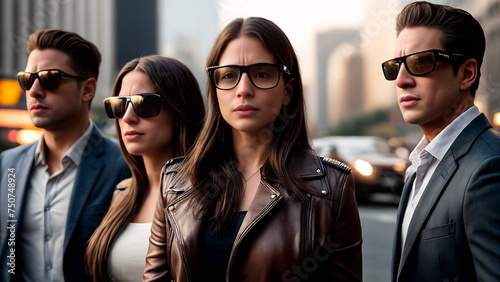2 girls and 2 men wearing compact virtual reality glasses similar to regular glasses