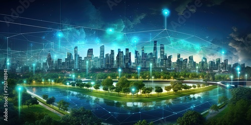 Sprawling green community with Digital smart city infrastructure and rapid data network. Digital city  smart society  smart homes  digital community.