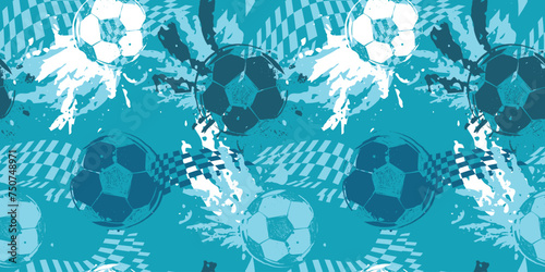 Soccer ball silhouette pattern. Grunge seamless background with print and soccer ball. Blue and white football print with checkered flag grid