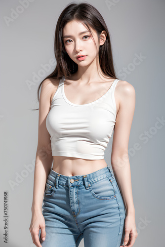 Gorgeous Young Female Model - Fashion or Cosmetics Model - White Top and Blue Jeans - Flawless Skin and Fine features - Beautiful Smooth Hair