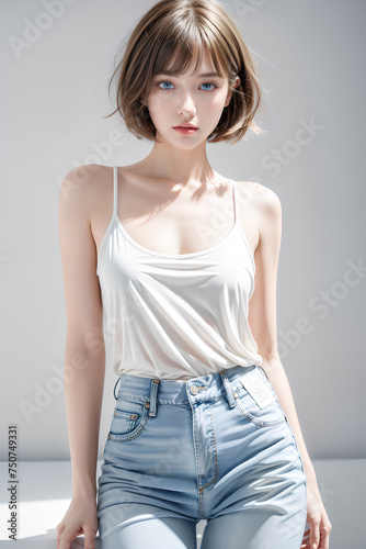 Gorgeous Young Female Model - Fashion or Cosmetics Model - White Top and Blue Jeans - Flawless Skin and Fine features - Beautiful Smooth Hair © Eggy