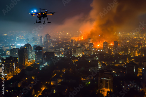Copter drone over burning city at night. Neural network generated image. Not based on any actual scene or pattern.