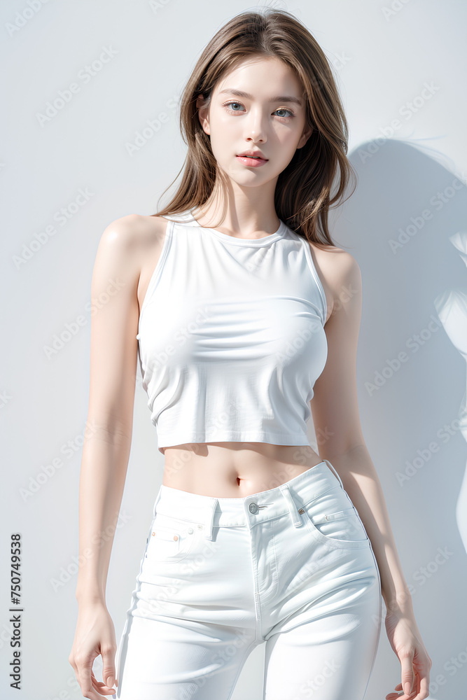 Gorgeous Young Female Model - Fashion or Cosmetics Model - White Top and Blue Jeans - Flawless Skin and Fine features - Beautiful Smooth Hair Gorgeous Young Female Model - Fashion or Cosmetics Model - White Top and Blue Jeans - Flawless Skin and Fine features - Beautiful Smooth Hair