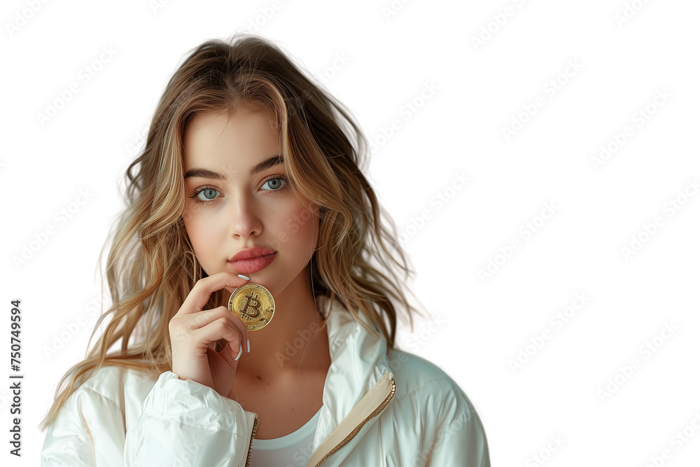 Portrait of young woman holding physical golden bitcoin cryptocurrency, transparent background Portrait of young woman holding physical golden bitcoin cryptocurrency, transparent background