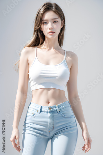 Gorgeous Young Female Model - Fashion or Cosmetics Model - White Top and Blue Jeans - Flawless Skin and Fine features - Beautiful Smooth Hair