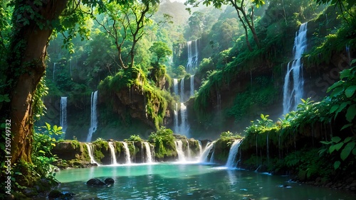 Jungle waterfall with rich green hues and turquoise blue pond.