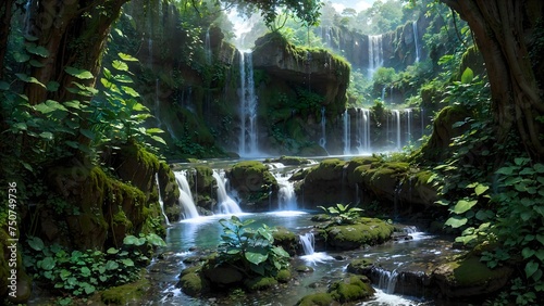 Waterfall in deep tropical jungle rain forest