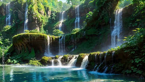 Jungle waterfall with rich green hues and turquoise blue pond.