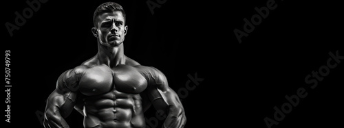 Male bodybuilder in black and white. Advertising banner layout for a gym or fitness trainer.