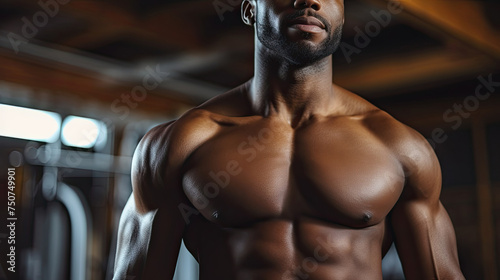Shirtless torso of an African American male bodybuilder. Advertising banner layout for a gym or fitness trainer.