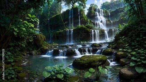 Waterfall in deep tropical jungle rain forest