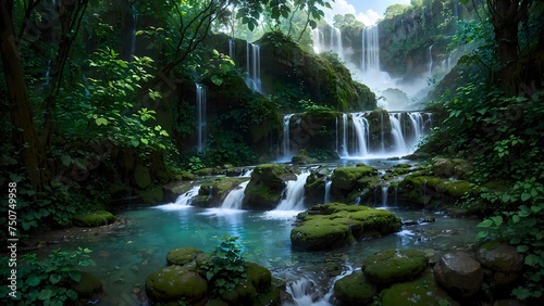 Waterfall in deep tropical jungle rain forest