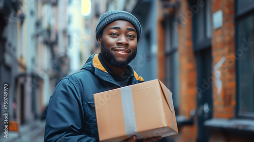 smiling African-American package delivery man during a delivery. © Raul_Brm