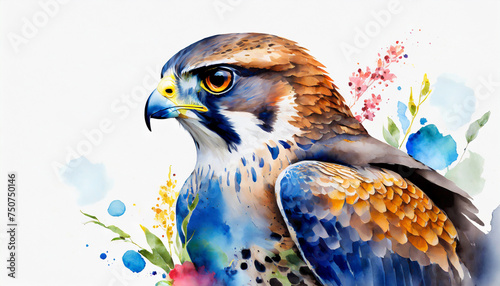 Watercolor illustration of Falcon bird. Wild animal. Hand drawn art. photo