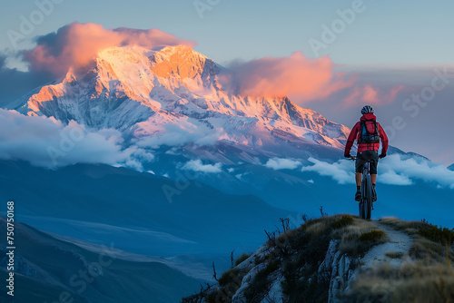cyclist on a mountain road with a snowy peak in the background at sunset.