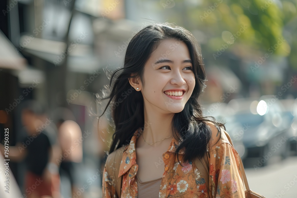 beautiful young Indonesian woman is walking on the streets of Jakarta on a sunny day