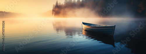 Misty lake with boat landscape, rowboat in the morning mist panorama photo