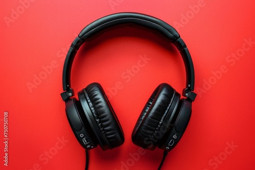 A pair of headphones placed on a vibrant red background, showcasing the sleek design and modern technology of the audio accessory.