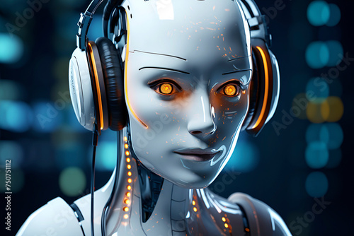 Robot With Headphones and Glowing Eyes. AI music. AI generated