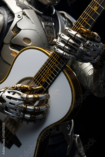 Robot Holding Guitar. AI music concept. AI generated