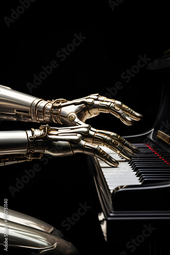 Robot Hand Playing Piano in Dark Room. AI generated