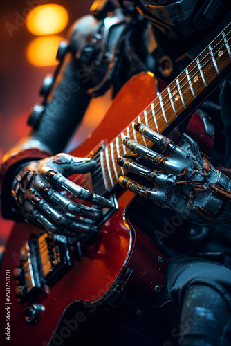 Robot Playing Guitar Close Up. AI generated
