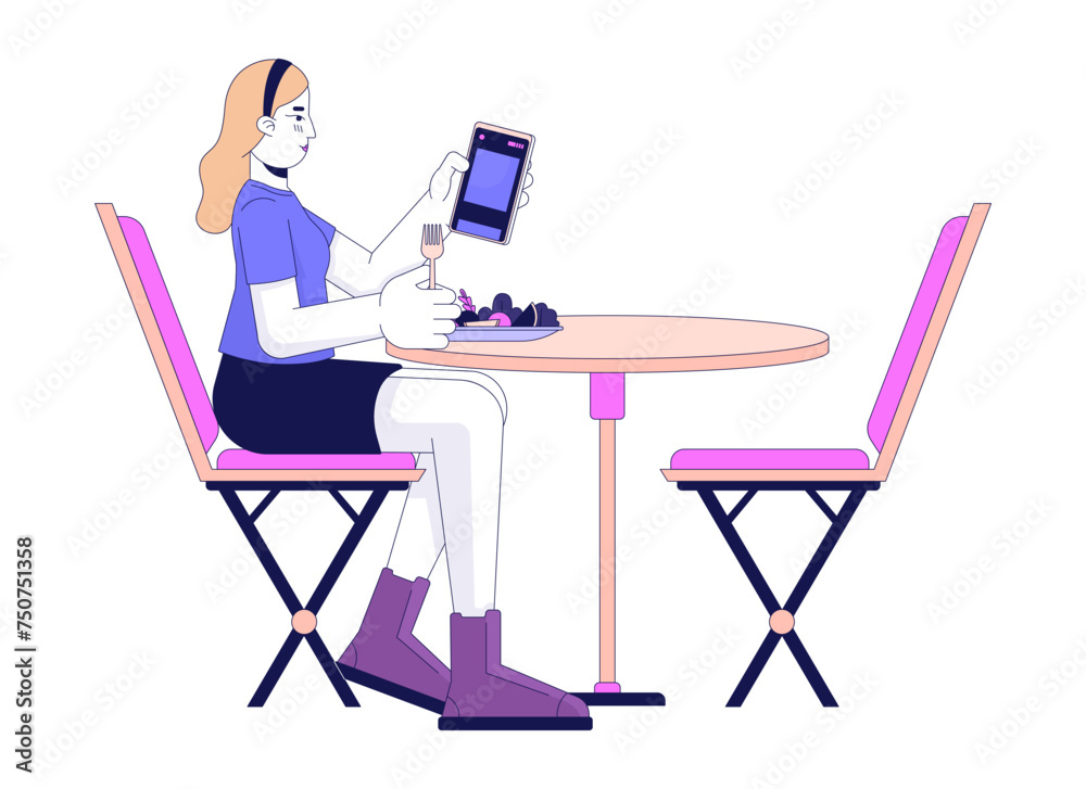 Fototapeta premium Blonde woman on phone while eating 2D linear cartoon character. Caucasian female scrolling smartphone isolated line vector person white background. Girl sitting at table color flat spot illustration