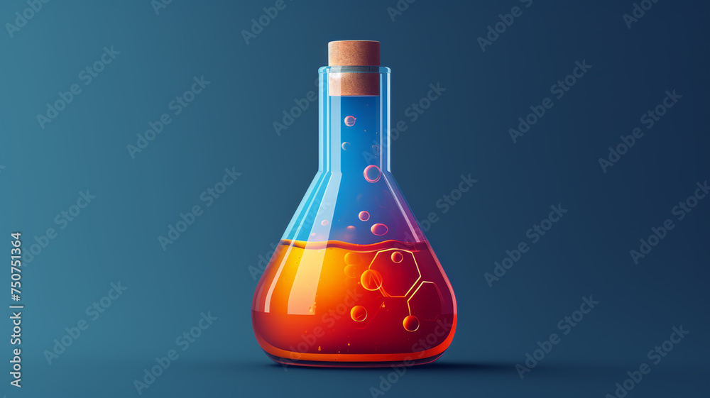 A glass beaker filled with a blue and orange liquid. Children's chemistry. Copy space A glass beaker filled with a blue and orange liquid. Children's chemistry. Copy space