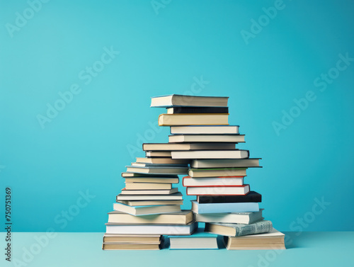 A large stack of books on a light blue background.